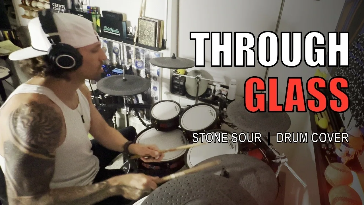 Darby Rollins playing drums in his Through Glass cover